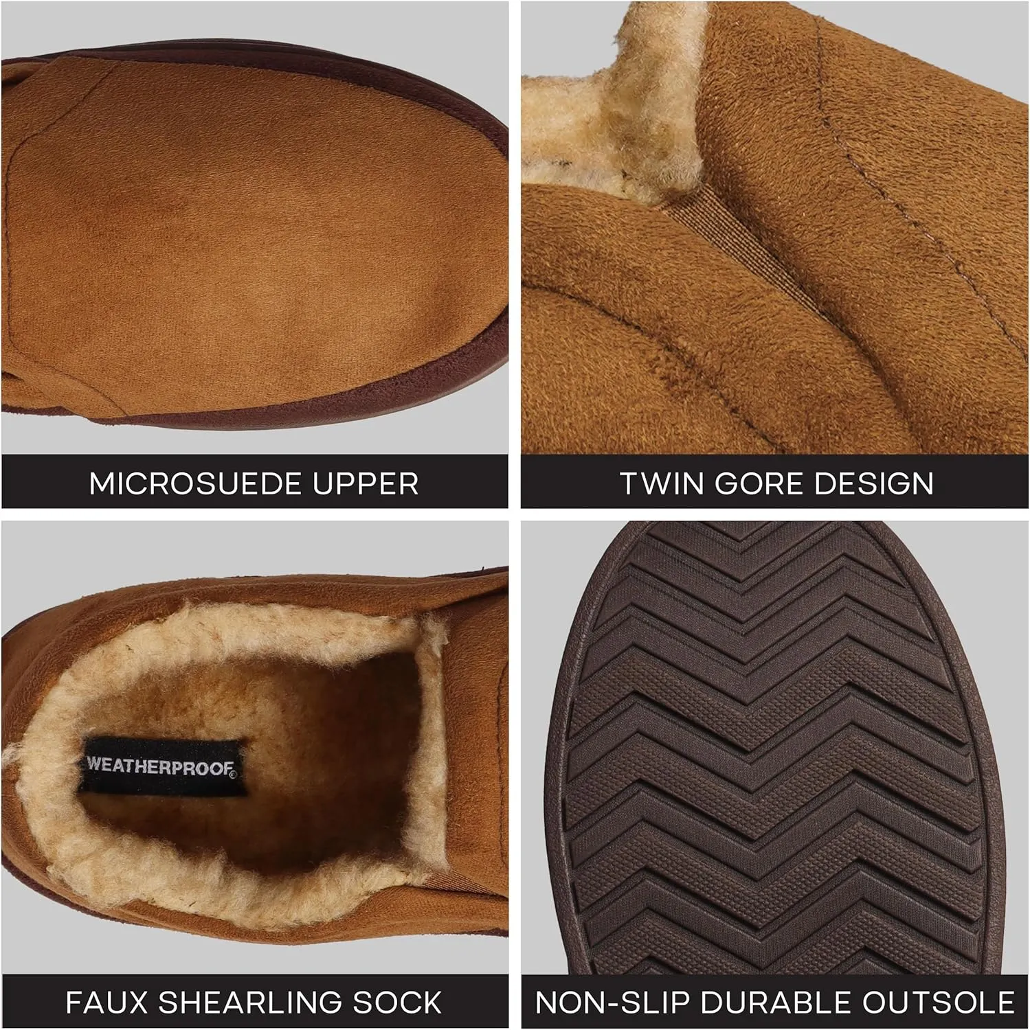 Weatherproof Microsuede House Shoes for Men, Twin Gore Slip-On Design, Indoor Outdoor Slippers with Faux Fur Lining and Non-Slip Rubber Sole