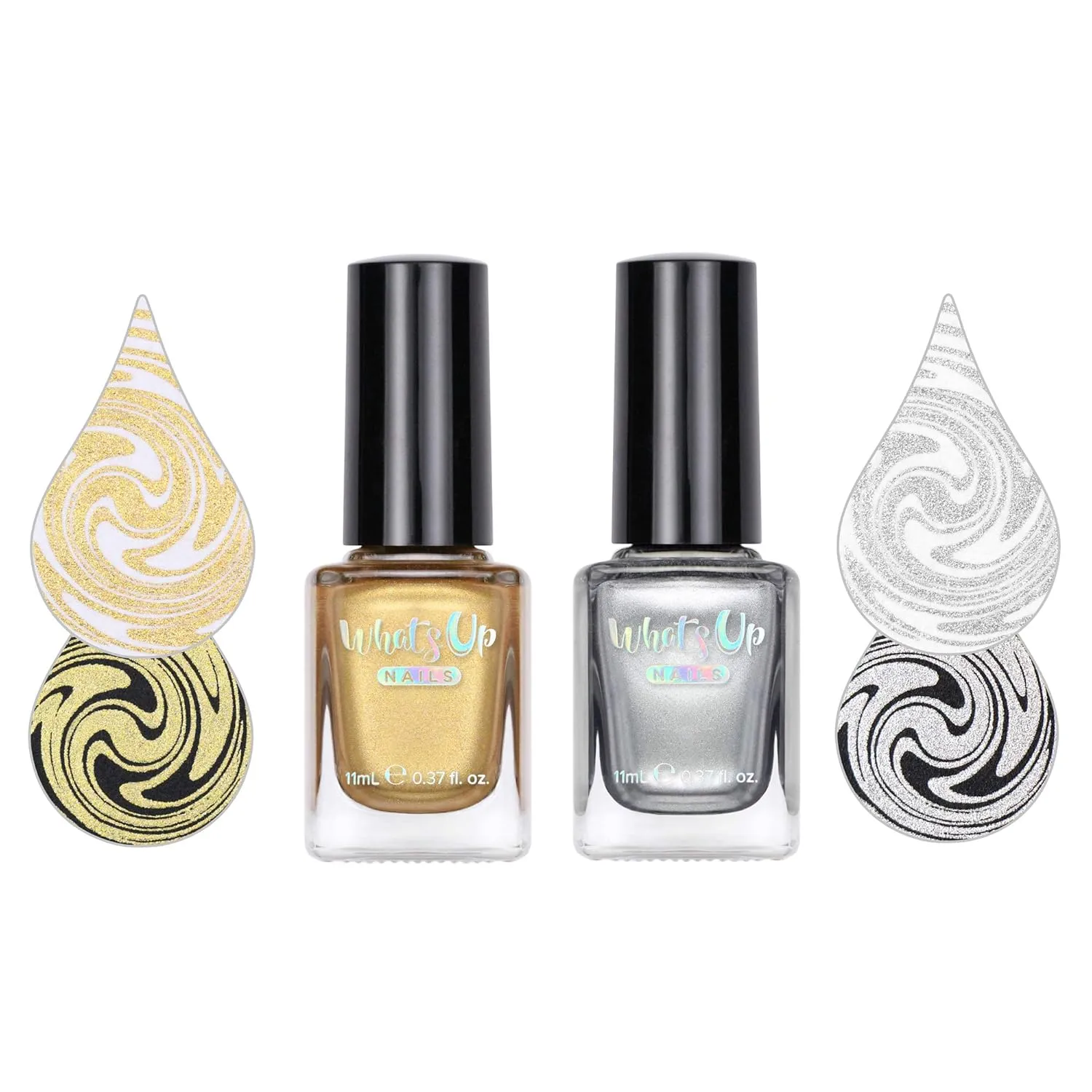 Whats Up Nails - 2 Metallic Stamping Polishes (Gold, Silver) Lacquer for Stamped Nail Art Design 7 Free Cruelty Free Vegan
