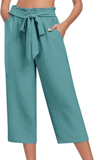Wide Leg Capri Pants for Women High Waisted Adjustable Bow Tie Palazzo Pants Dressy Casual Flowy Capris with Pockets