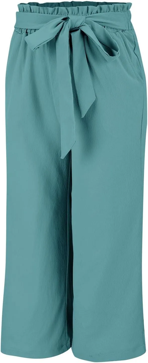 Wide Leg Capri Pants for Women High Waisted Adjustable Bow Tie Palazzo Pants Dressy Casual Flowy Capris with Pockets