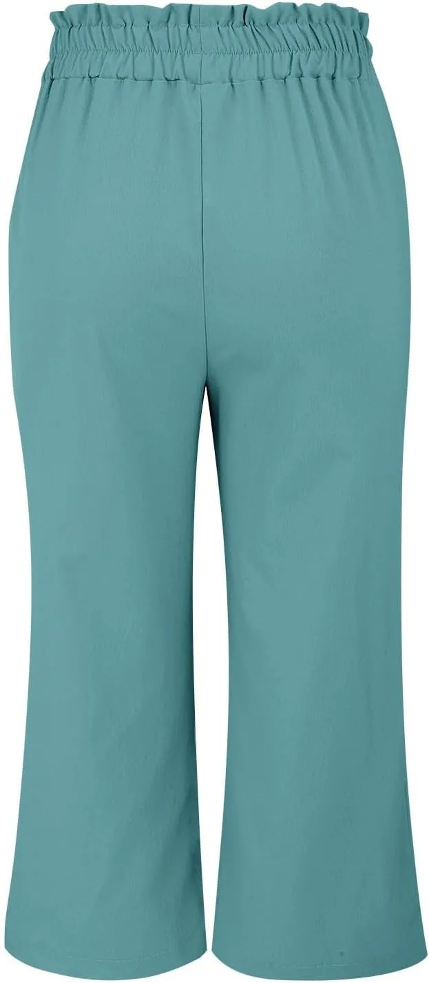 Wide Leg Capri Pants for Women High Waisted Adjustable Bow Tie Palazzo Pants Dressy Casual Flowy Capris with Pockets