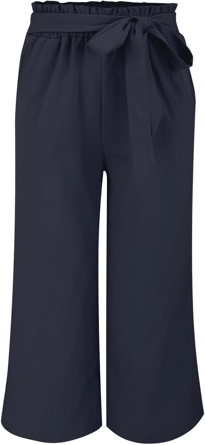 Wide Leg Capri Pants for Women High Waisted Adjustable Bow Tie Palazzo Pants Dressy Casual Flowy Capris with Pockets