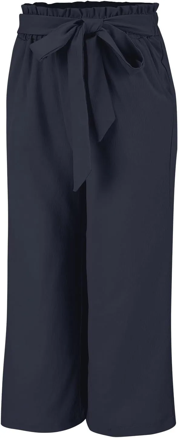Wide Leg Capri Pants for Women High Waisted Adjustable Bow Tie Palazzo Pants Dressy Casual Flowy Capris with Pockets