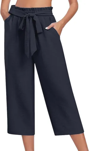 Wide Leg Capri Pants for Women High Waisted Adjustable Bow Tie Palazzo Pants Dressy Casual Flowy Capris with Pockets