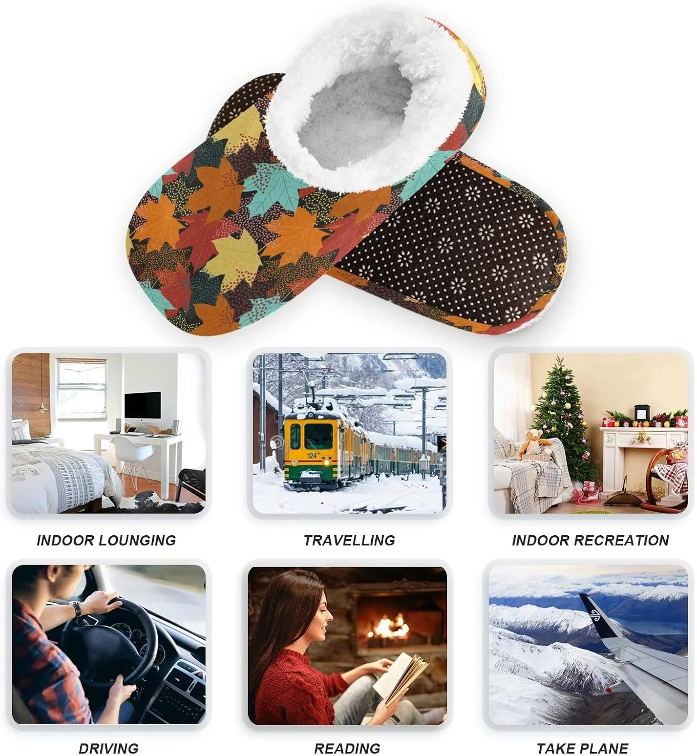 Winter House Slippers for Women/Men with Seamless Pattern with Fall Maple Leaves Element Cozy Fleece Slippers