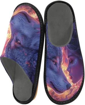 Wolf Woman Cosmic House Slippers for Women Men, Warm Slipper Rubber Sole Memory Foam Indoor Outdoor 4-5