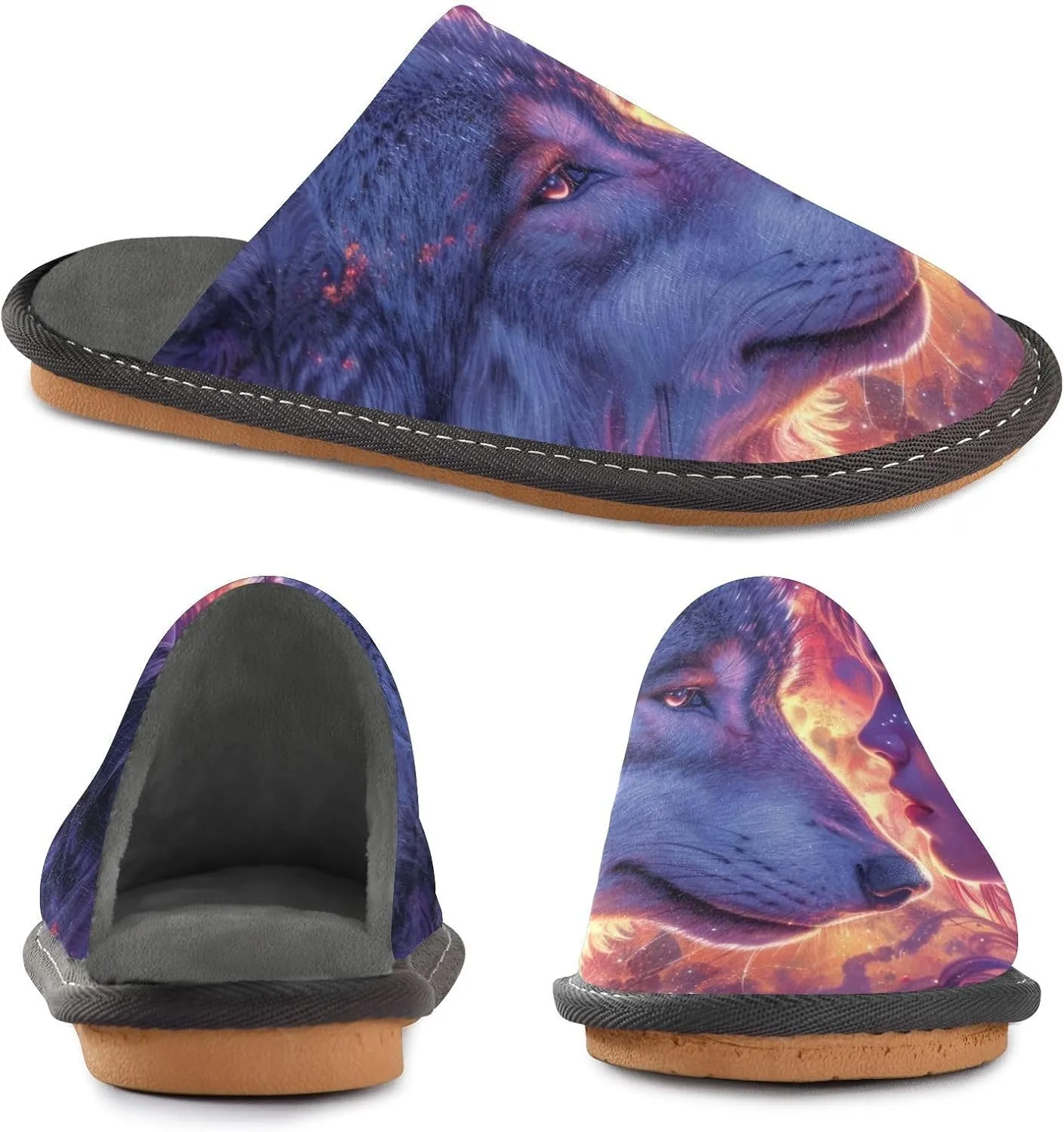 Wolf Woman Cosmic House Slippers for Women Men, Warm Slipper Rubber Sole Memory Foam Indoor Outdoor 4-5