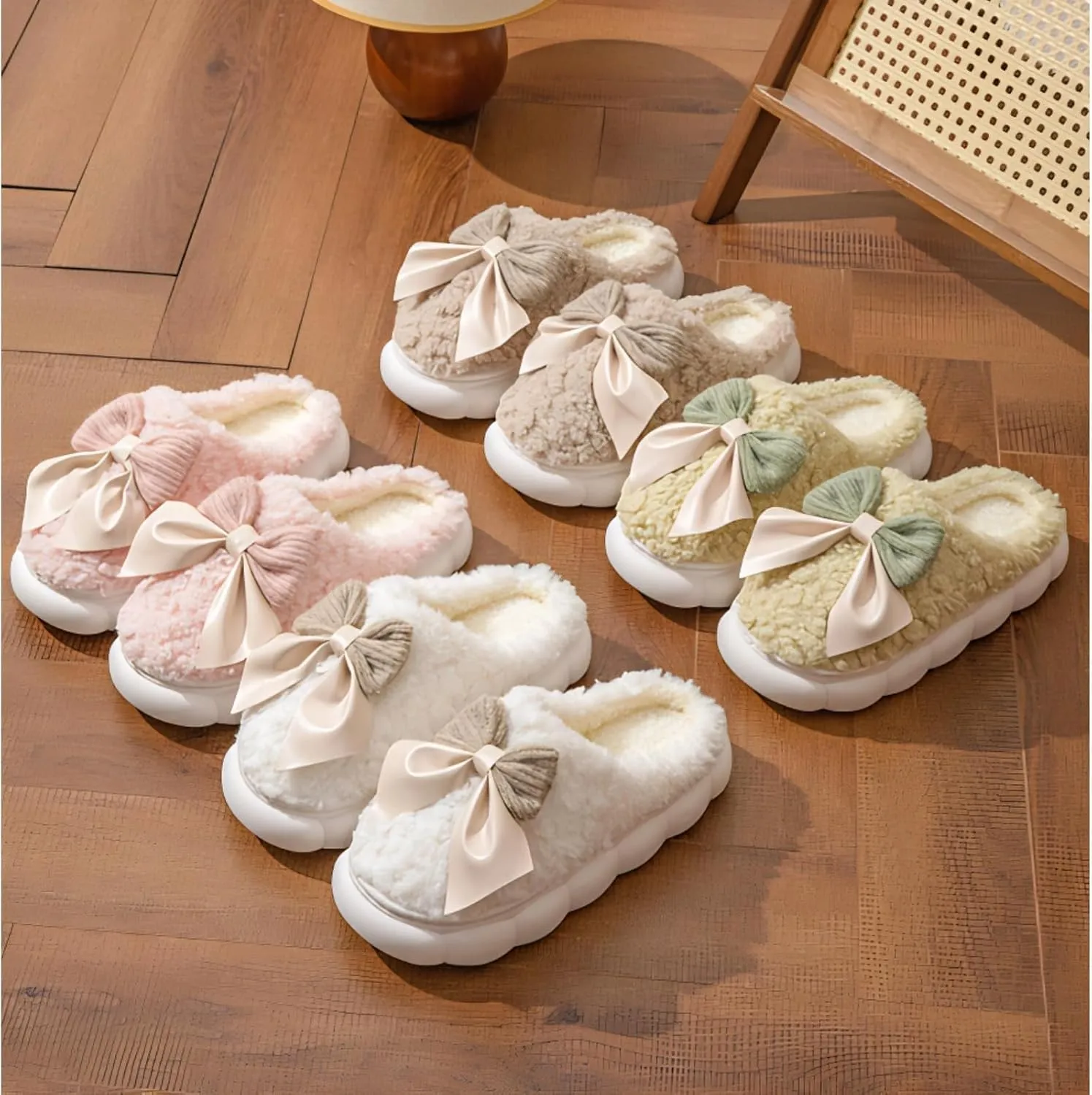 Women Bow Slipper for Home Bedroom Thick Sole Indoor Cute Fuzzy Footwear for Spring/Fall/Winter Holiday Season