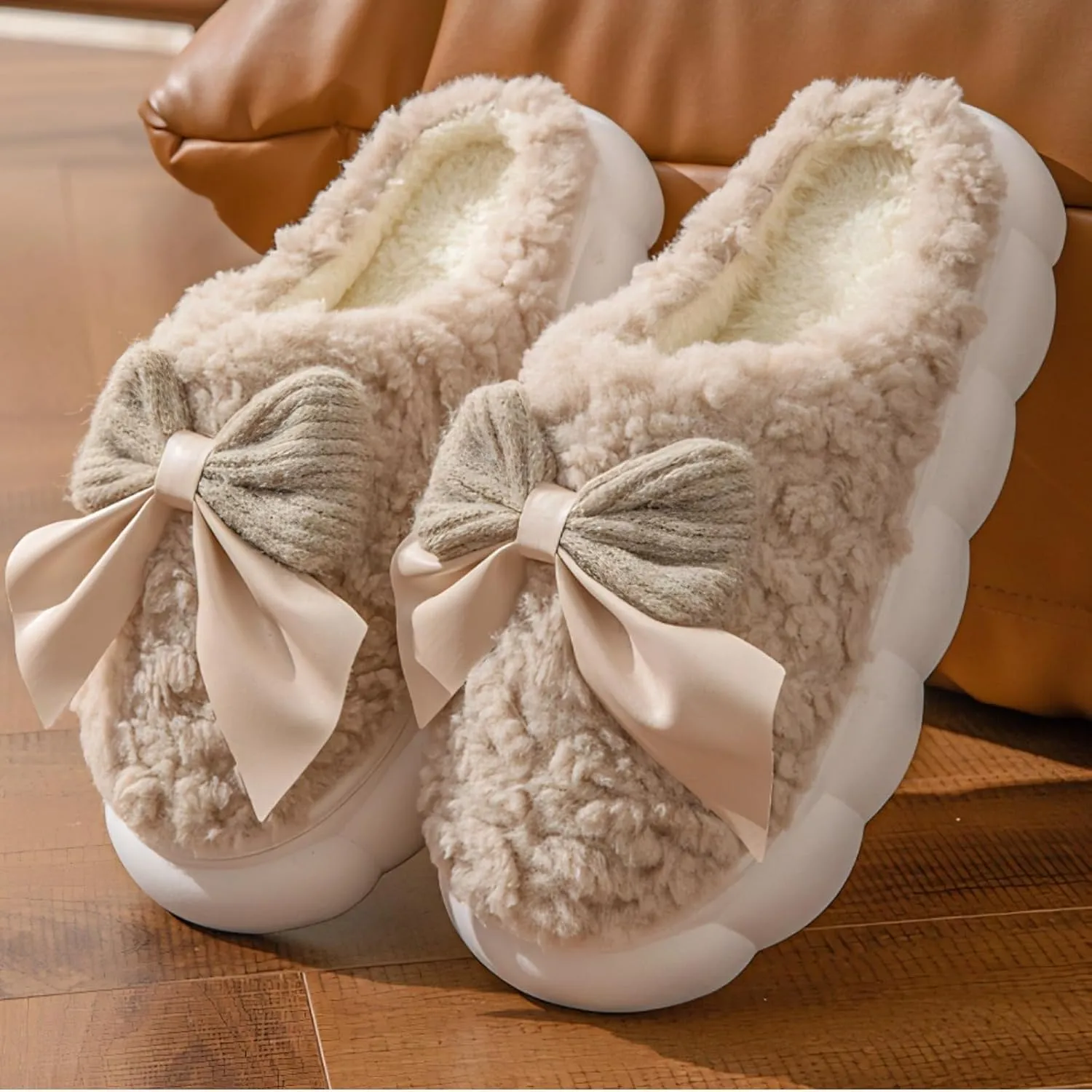 Women Bow Slipper for Home Bedroom Thick Sole Indoor Cute Fuzzy Footwear for Spring/Fall/Winter Holiday Season