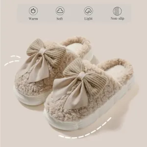 Women Bow Slipper for Home Bedroom Thick Sole Indoor Cute Fuzzy Footwear for Spring/Fall/Winter Holiday Season
