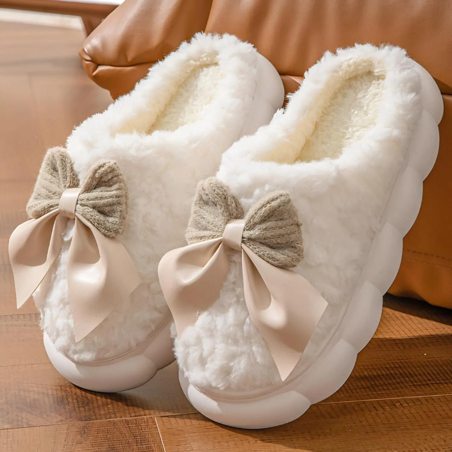 Women Bow Slipper for Home Bedroom Thick Sole Indoor Cute Fuzzy Footwear for Spring/Fall/Winter Holiday Season