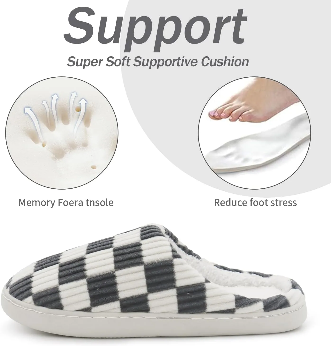 Women Home Fuzzy Slippers - Memory Foam Checkered Plaid Scuff Non-Slip Indoor Outdoor Comfortable Casual Soft Slides