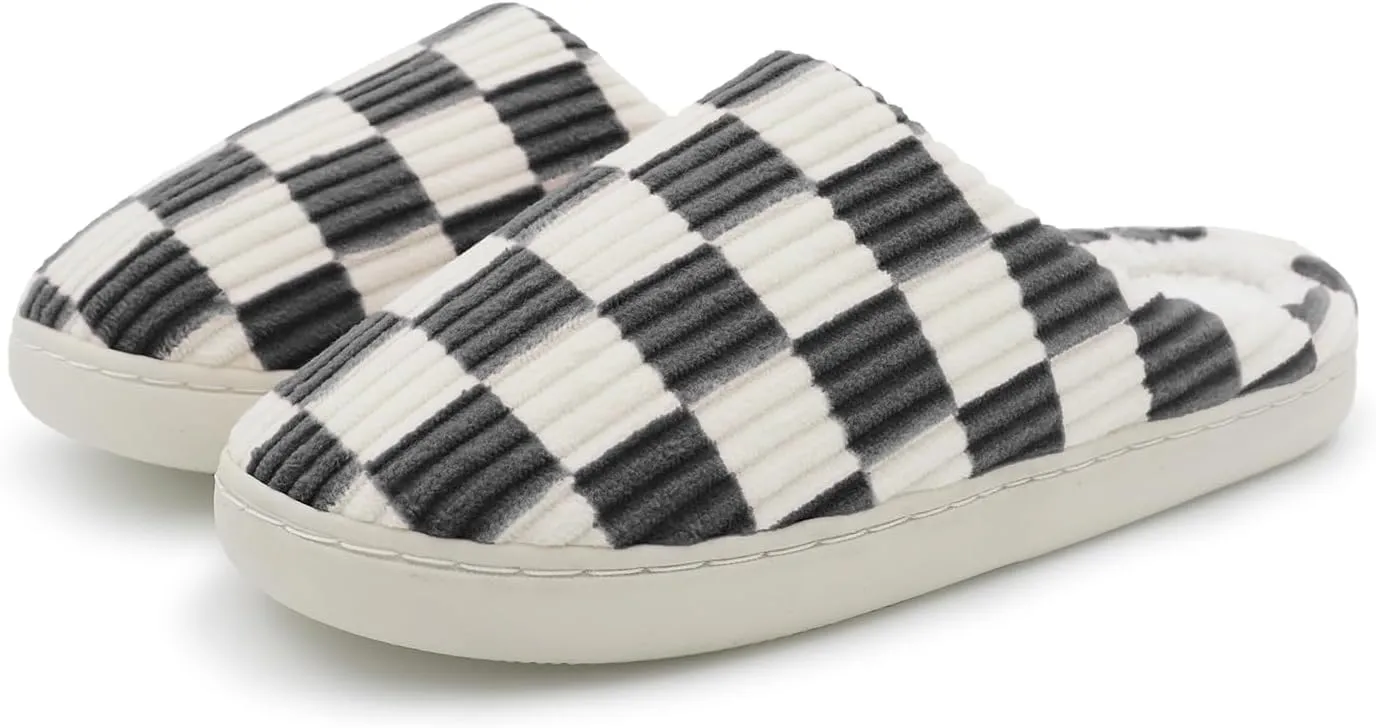 Women Home Fuzzy Slippers - Memory Foam Checkered Plaid Scuff Non-Slip Indoor Outdoor Comfortable Casual Soft Slides