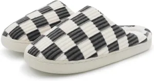 Women Home Fuzzy Slippers - Memory Foam Checkered Plaid Scuff Non-Slip Indoor Outdoor Comfortable Casual Soft Slides