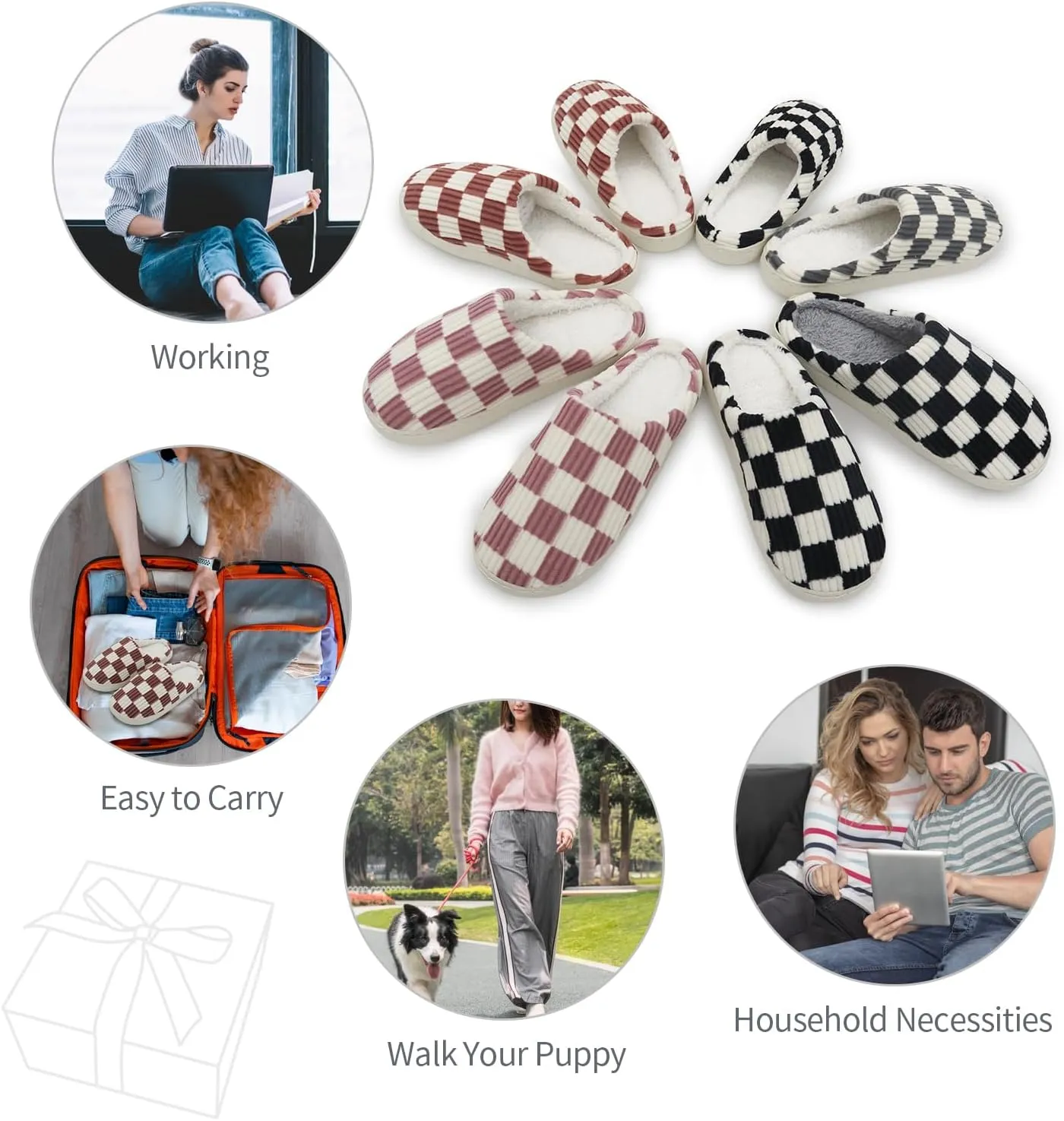Women Home Fuzzy Slippers - Memory Foam Checkered Plaid Scuff Non-Slip Indoor Outdoor Comfortable Casual Soft Slides
