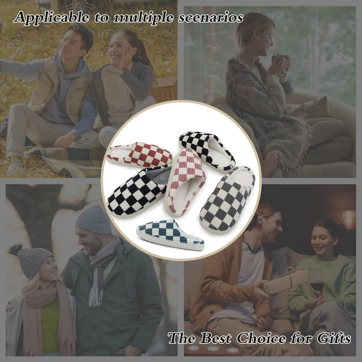 Women House Fuzzy Slippers - Plaid Scuff Checkered Slip-on Memory Foam Indoor Outdoor Comfortable Soft Slides