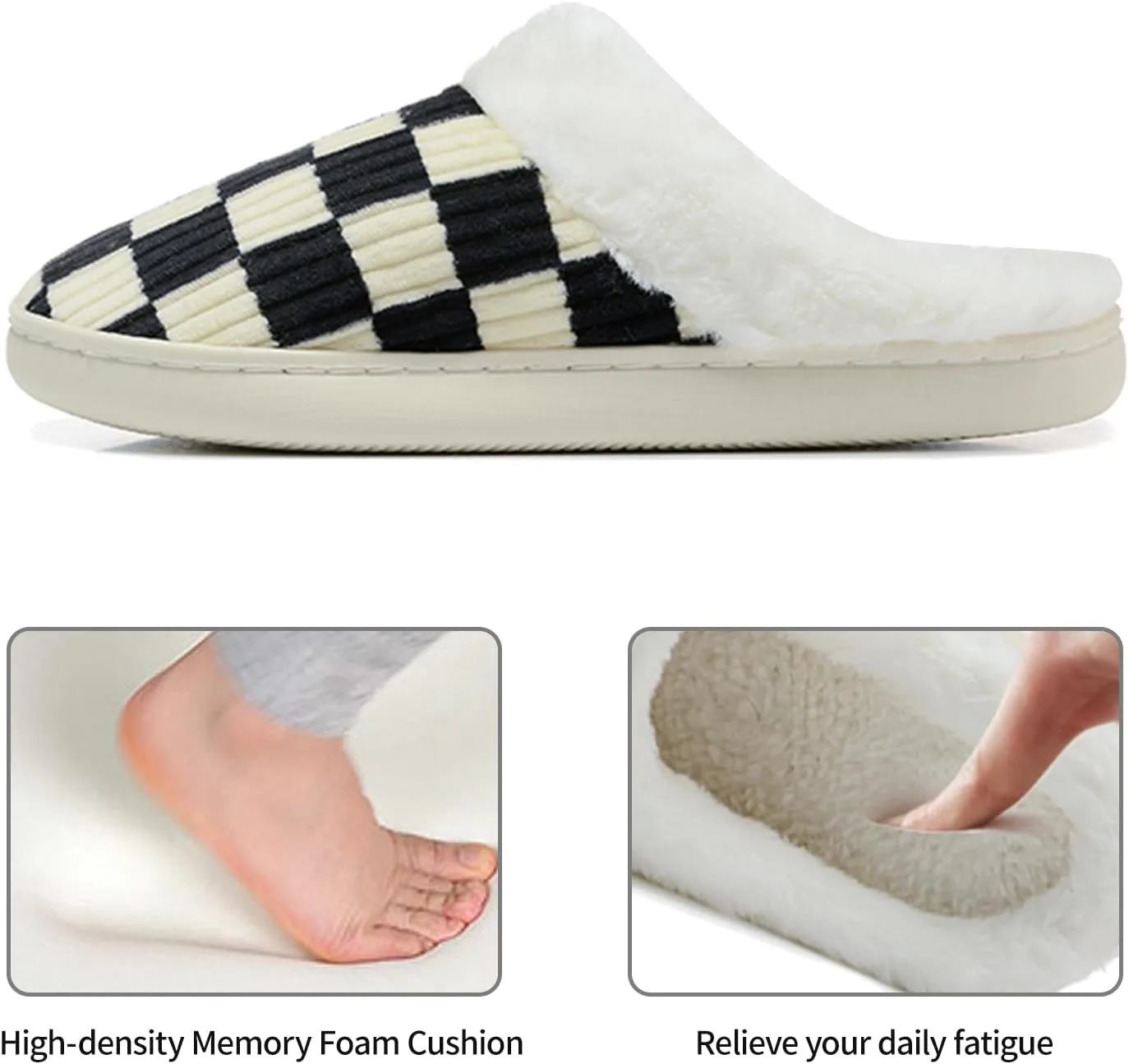 Women House Fuzzy Slippers - Plaid Scuff Checkered Slip-on Memory Foam Indoor Outdoor Comfortable Soft Slides