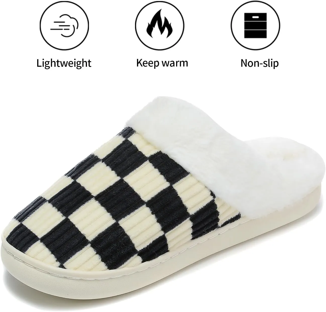 Women House Fuzzy Slippers - Plaid Scuff Checkered Slip-on Memory Foam Indoor Outdoor Comfortable Soft Slides