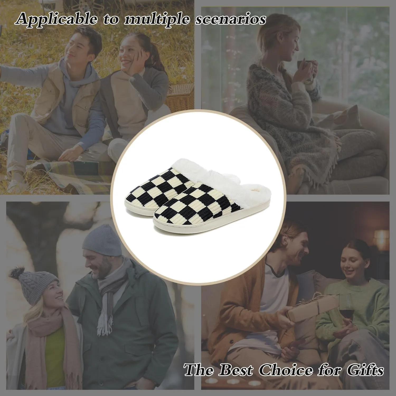 Women House Fuzzy Slippers - Plaid Scuff Checkered Slip-on Memory Foam Indoor Outdoor Comfortable Soft Slides