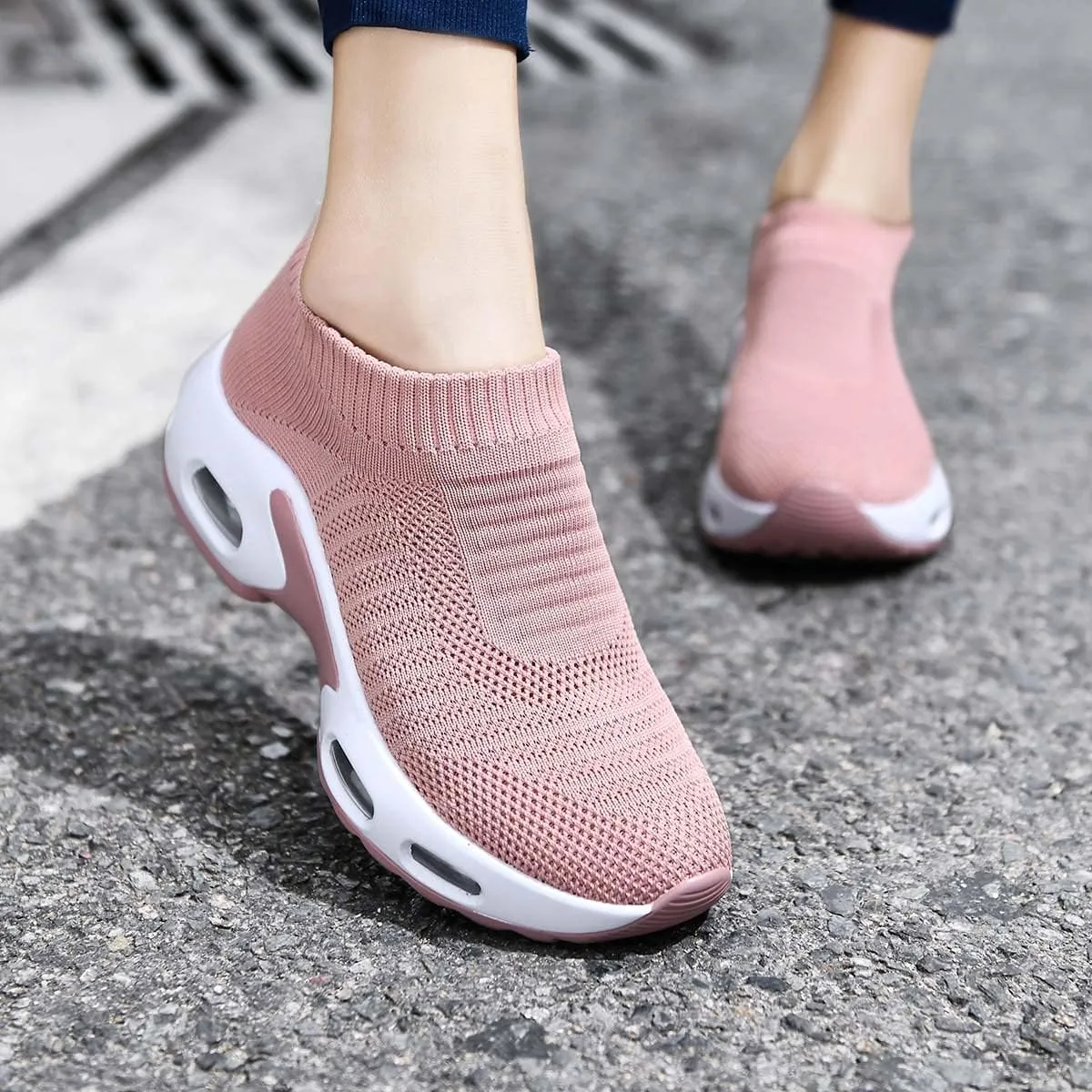 Women Knitted Upper Air Cushion Sole Lightweight Slip-On Sock Sneakers Casual Walking Shoes Doctor and Nurse Work Shoes