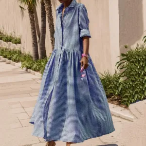 Women Loose Plaid Long Sleeve Shirt Maxi Dress Retro Casual Button Down Pleated Swing A-line Big Hem Long Dress