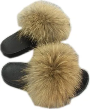 Women Real Fox Fur Feather Vegan Leather Open Toe Single Strap Slip On Sandals Multicolor