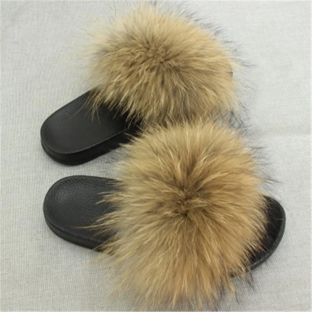Women Real Fox Fur Feather Vegan Leather Open Toe Single Strap Slip On Sandals Multicolor