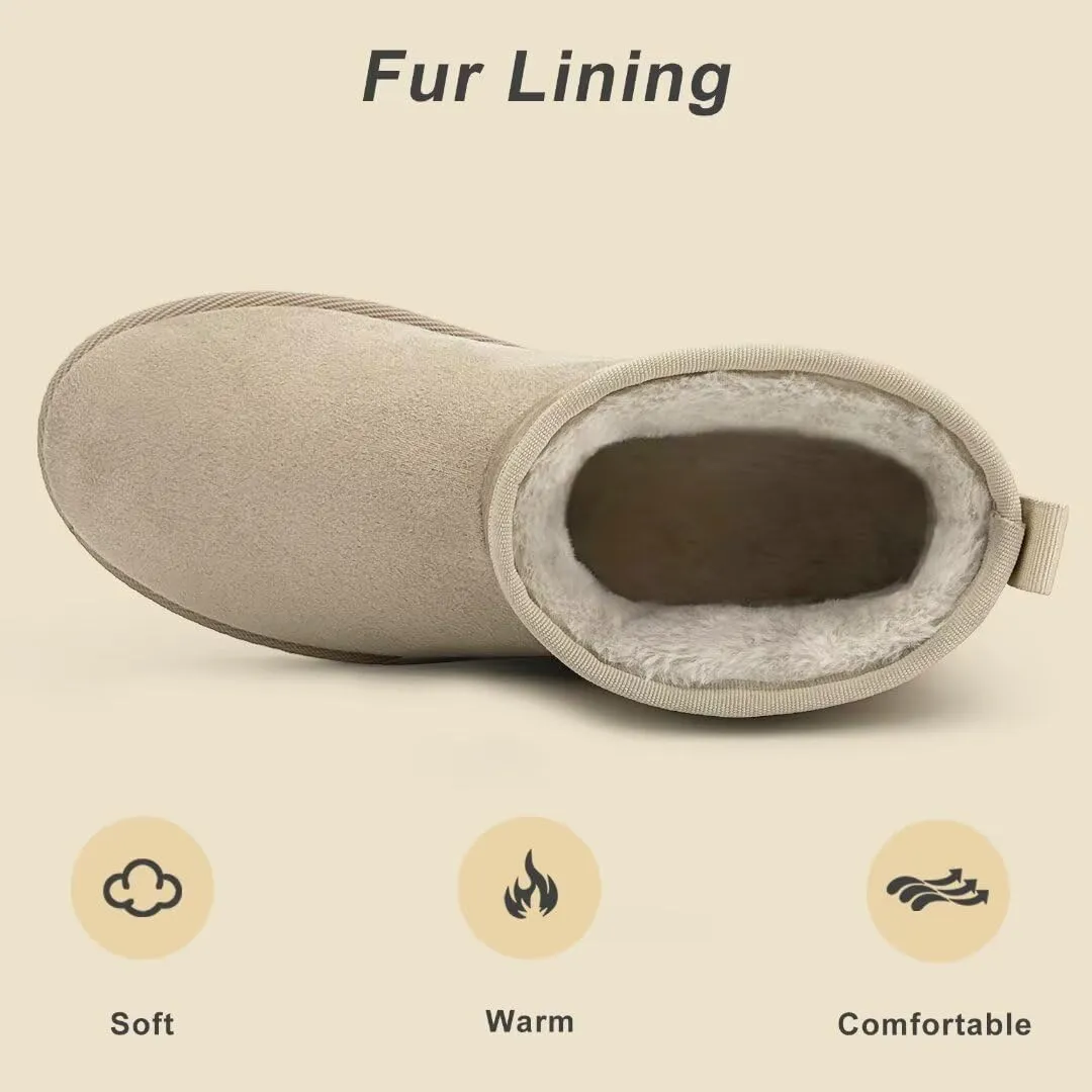 Women Suede Classic Ultra Mini Snow Boots, Faux Fur Lined Slip On Ankle Winter Booties, Womens Warm No Slip Short Boot, Botas De Invierno Para Mujer