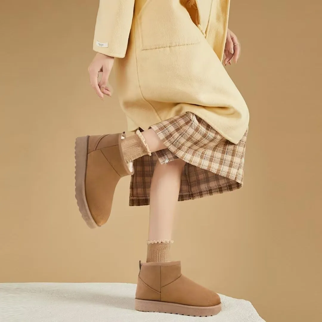Women Suede Classic Ultra Mini Snow Boots, Faux Fur Lined Slip On Ankle Winter Booties, Womens Warm No Slip Short Boot, Botas De Invierno Para Mujer