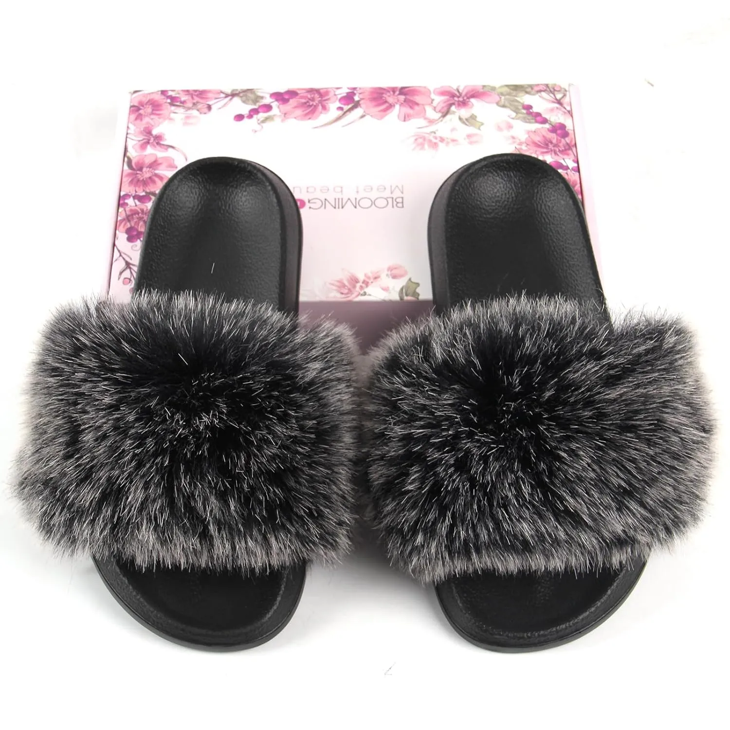 Women Summer Summer Casual Furry Slippers Ladies Imitation Hair Sandals Cute Plush Flat Heels Non-Slip Slides Large Size Shoes Outside Beach Sandals Home Slipper (10, Frost black)