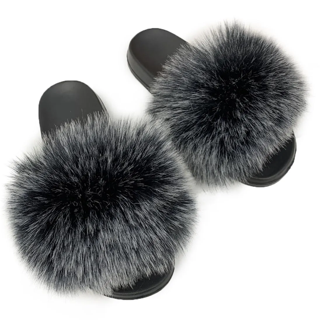 Women Summer Summer Casual Furry Slippers Ladies Imitation Hair Sandals Cute Plush Flat Heels Non-Slip Slides Large Size Shoes Outside Beach Sandals Home Slipper (10, Frost black)