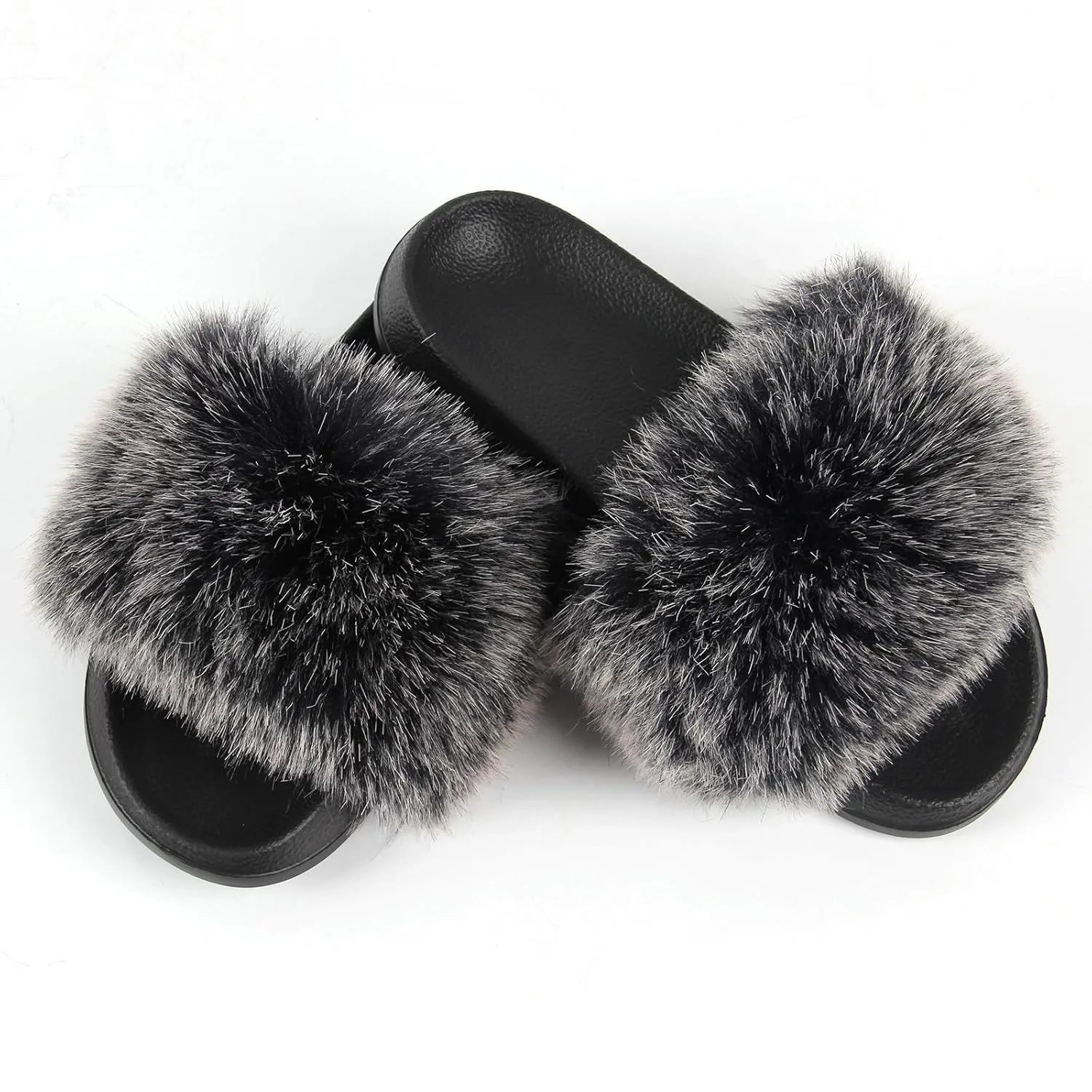 Women Summer Summer Casual Furry Slippers Ladies Imitation Hair Sandals Cute Plush Flat Heels Non-Slip Slides Large Size Shoes Outside Beach Sandals Home Slipper (10, Frost black)