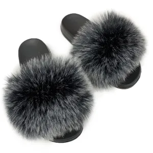 Women Summer Summer Casual Furry Slippers Ladies Imitation Hair Sandals Cute Plush Flat Heels Non-Slip Slides Large Size Shoes Outside Beach Sandals Home Slipper (10, Frost black)