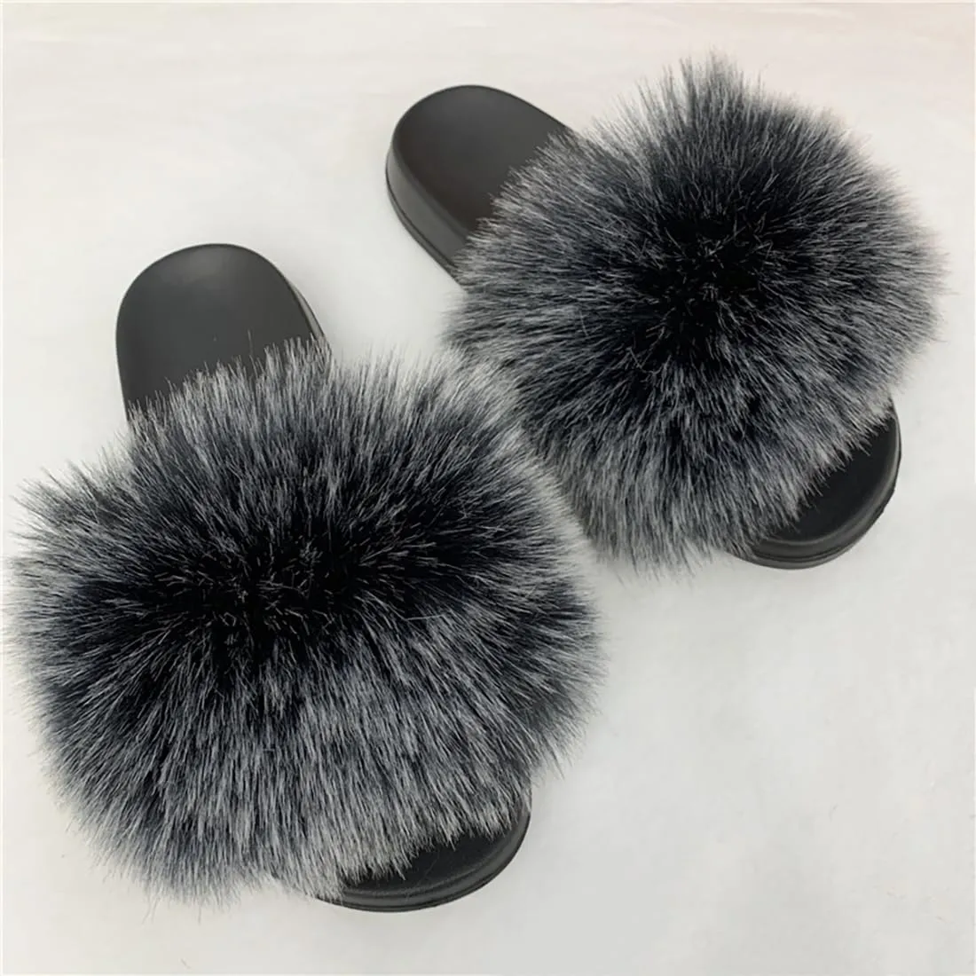 Women Summer Summer Casual Furry Slippers Ladies Imitation Hair Sandals Cute Plush Flat Heels Non-Slip Slides Large Size Shoes Outside Beach Sandals Home Slipper (10, Frost black)