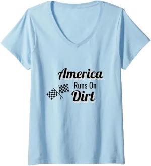 Womens America Runs on Dirt Checkered Flat Racing Track Race Gear V-Neck T-Shirt