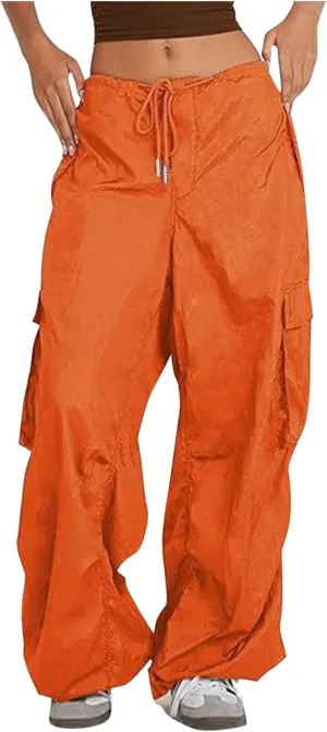 Womens Cargo Pants High Rise Paperbag Waist Wide Leg Casual Office Wear Stretch Denim