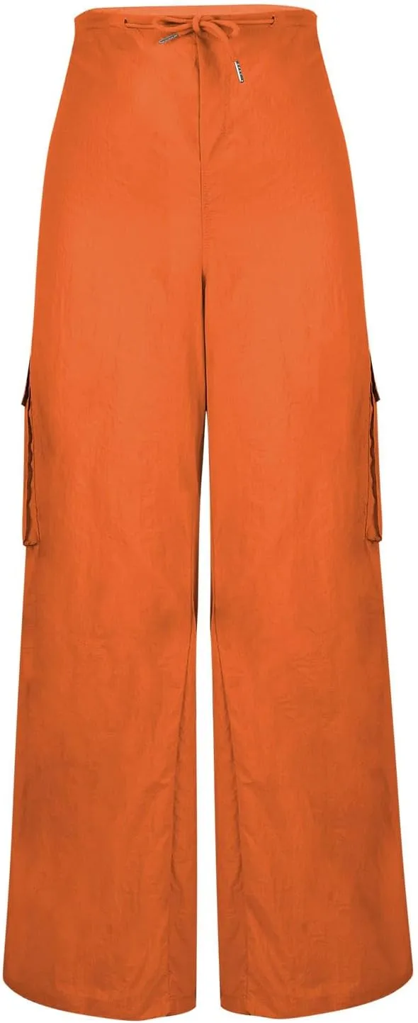 Womens Cargo Pants High Rise Paperbag Waist Wide Leg Casual Office Wear Stretch Denim