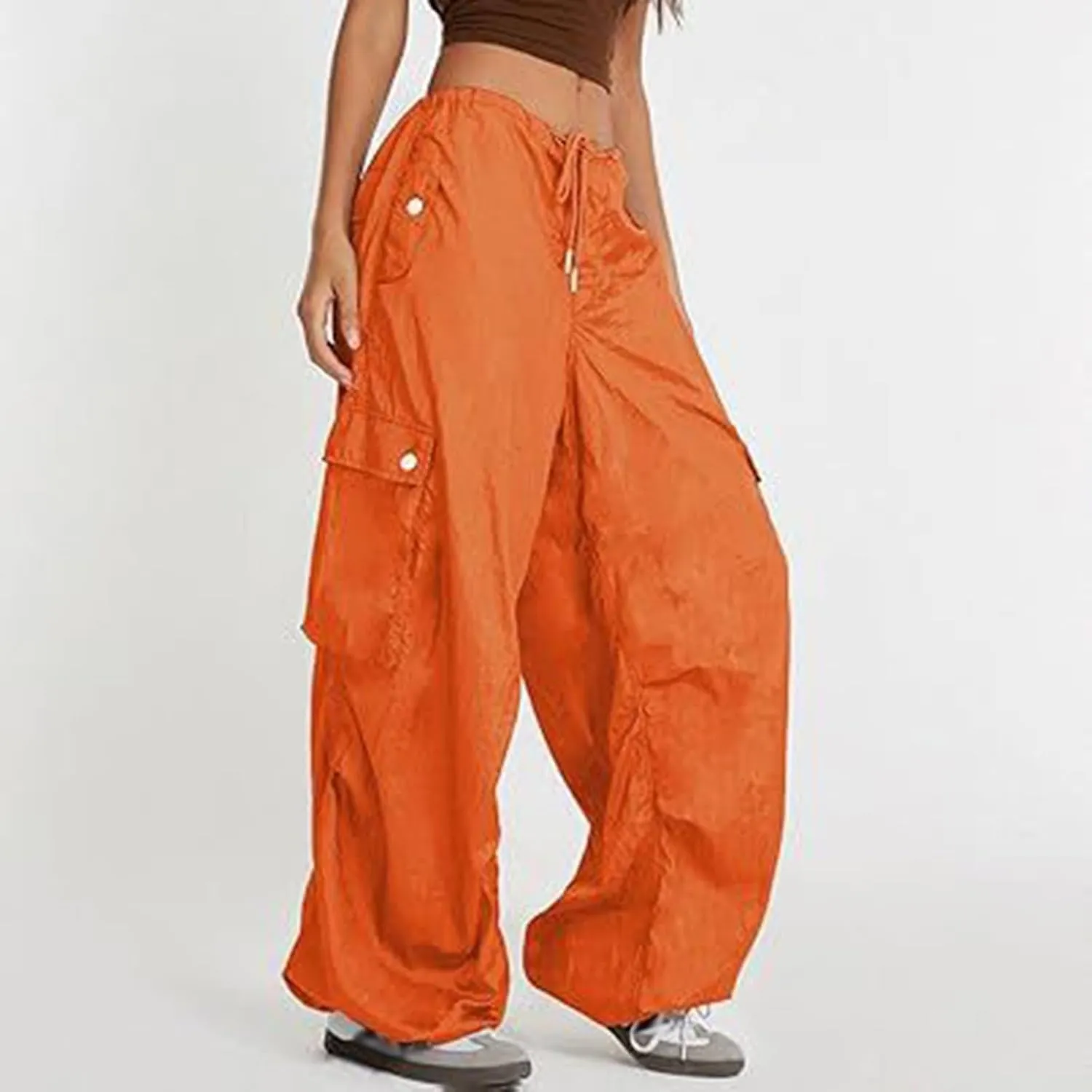 Womens Cargo Pants High Rise Paperbag Waist Wide Leg Casual Office Wear Stretch Denim