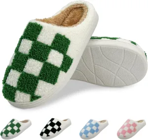 Women's Checkered Memory Foam Slippers - Soft Fuzzy Indoor & Outdoor Cute Casual Slippers