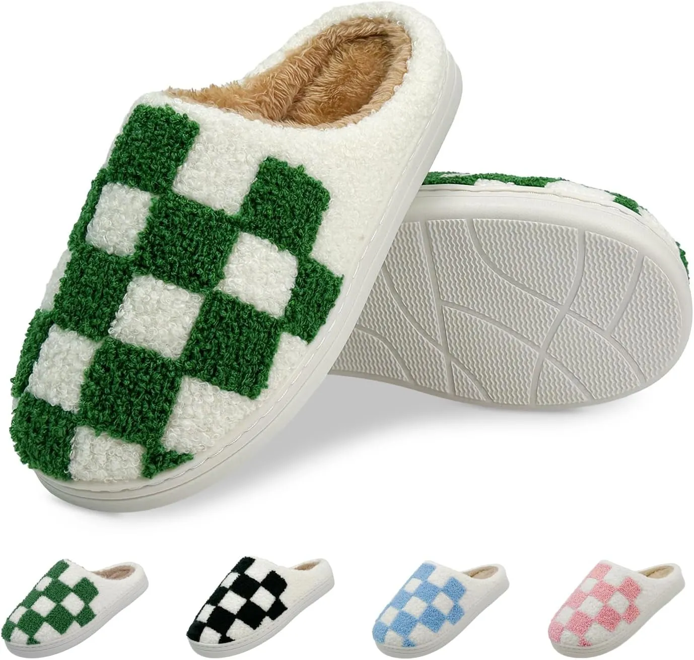 Women's Checkered Memory Foam Slippers - Soft Fuzzy Indoor & Outdoor Cute Casual Slippers