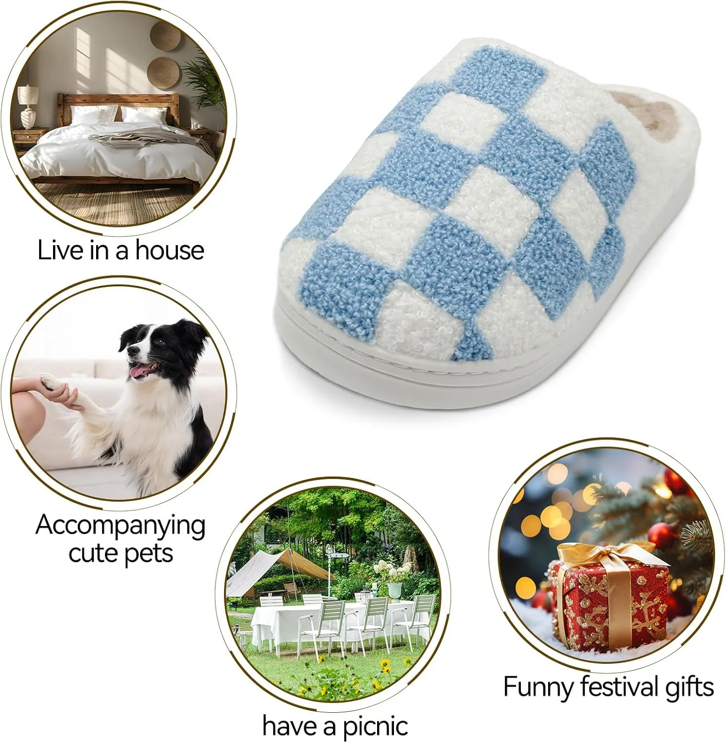 Women's Checkered Memory Foam Slippers - Soft Fuzzy Indoor & Outdoor Cute Casual Slippers