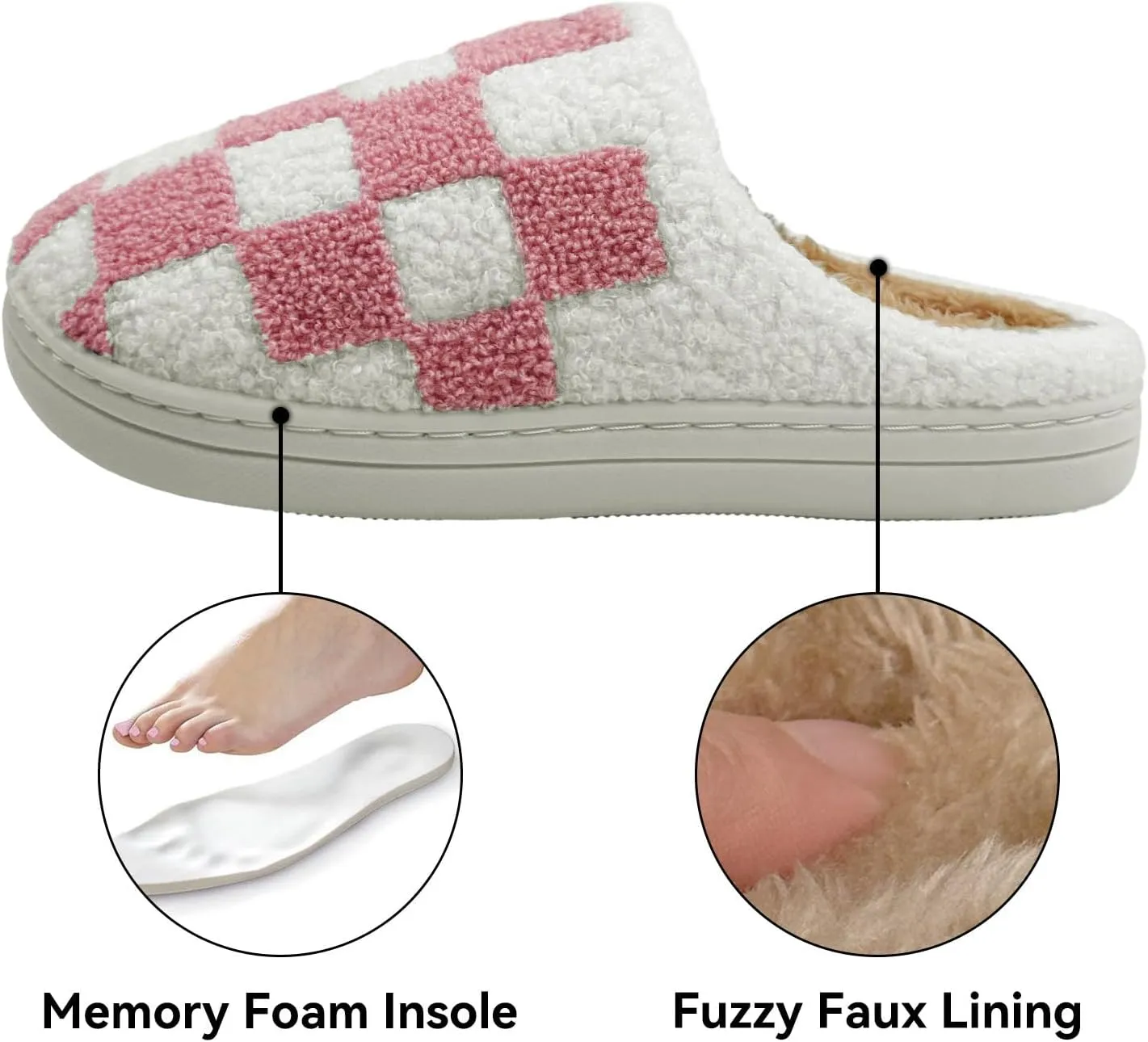 Women's Checkered Memory Foam Slippers - Soft Fuzzy Indoor & Outdoor Cute Casual Slippers