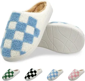 Women's Checkered Memory Foam Slippers - Soft Fuzzy Indoor & Outdoor Cute Casual Slippers