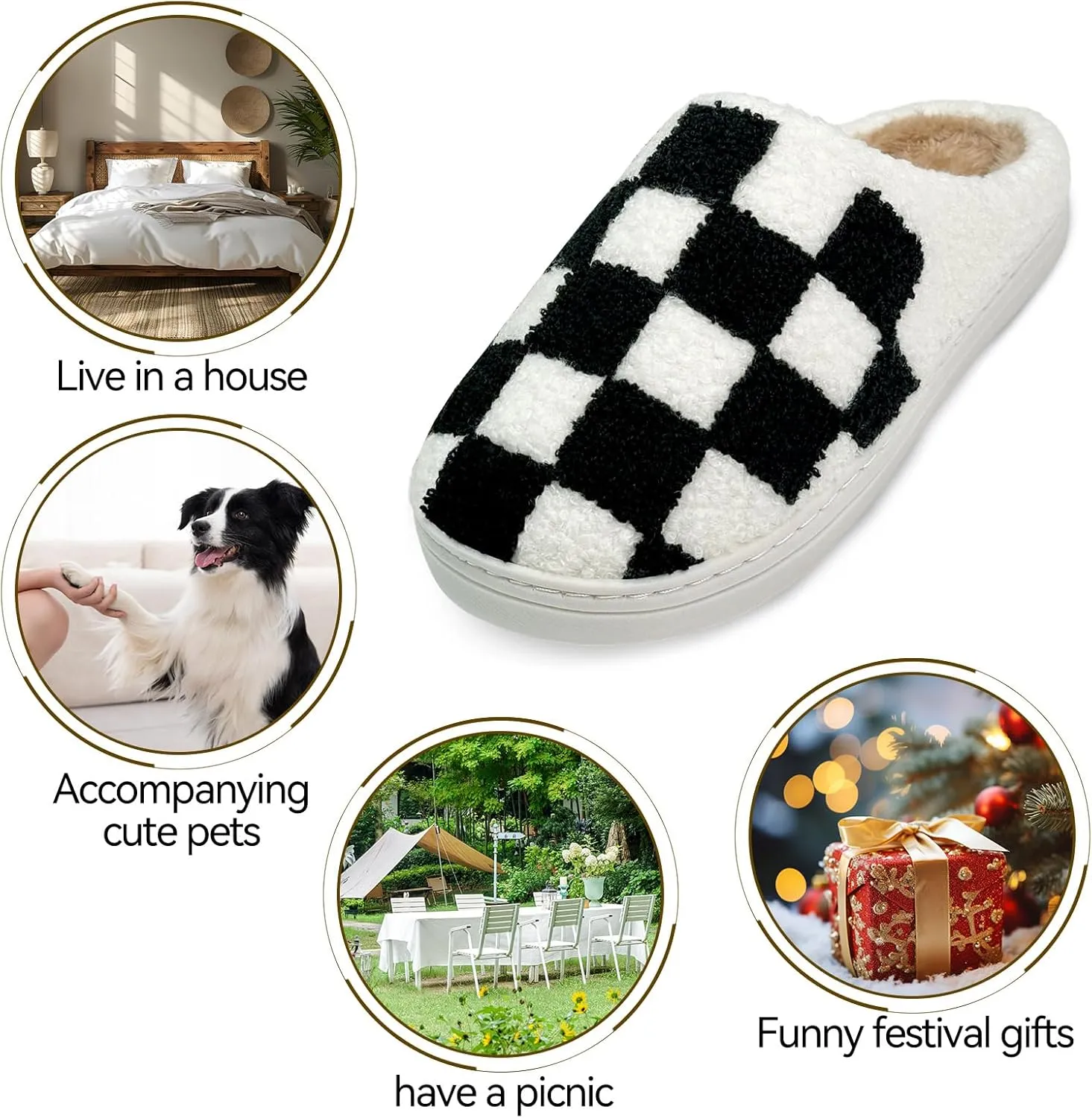 Women's Checkered Memory Foam Slippers - Soft Fuzzy Indoor & Outdoor Cute Casual Slippers
