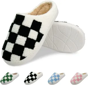 Women's Checkered Memory Foam Slippers - Soft Fuzzy Indoor & Outdoor Cute Casual Slippers