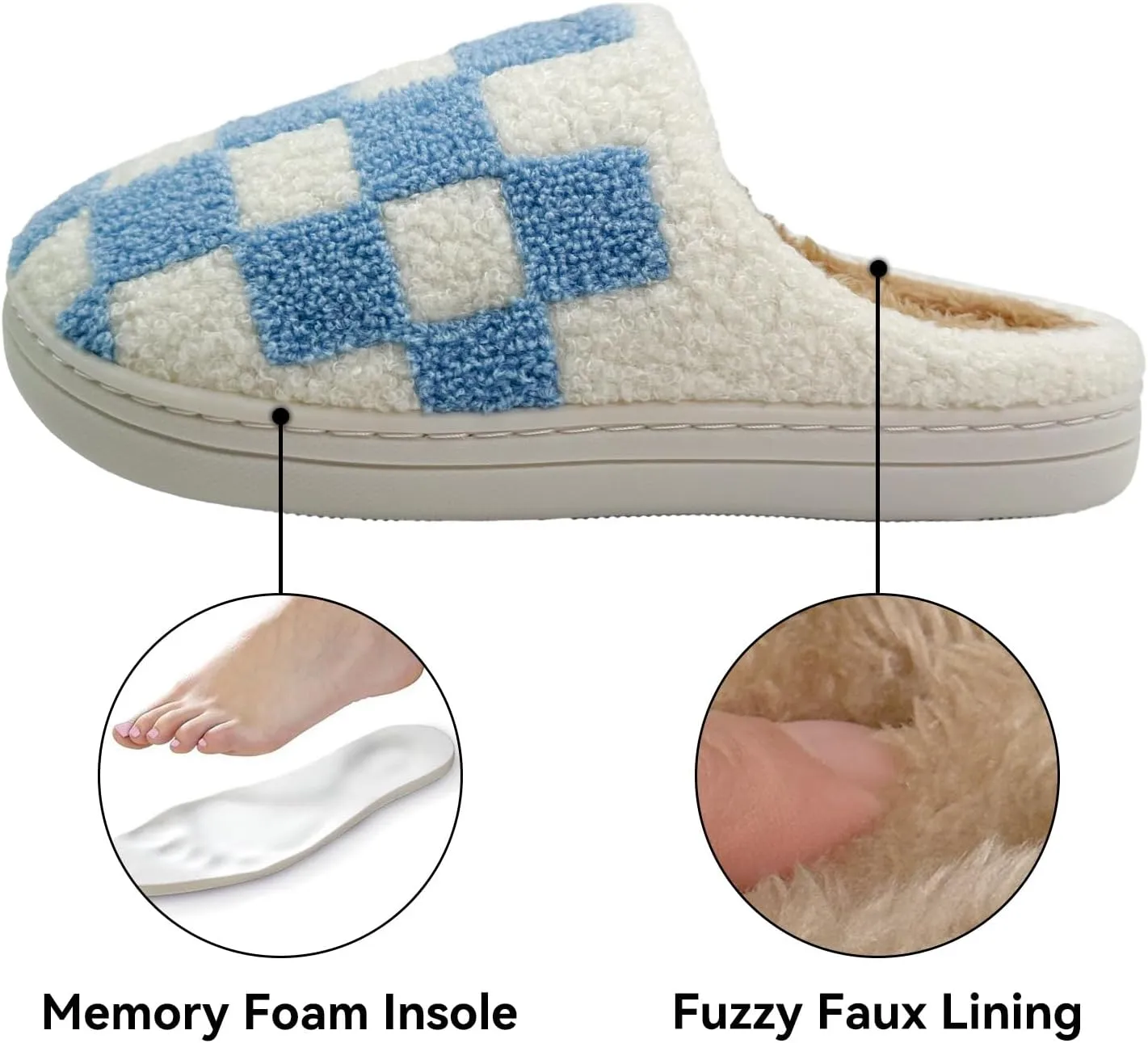 Women's Checkered Memory Foam Slippers - Soft Fuzzy Indoor & Outdoor Cute Casual Slippers