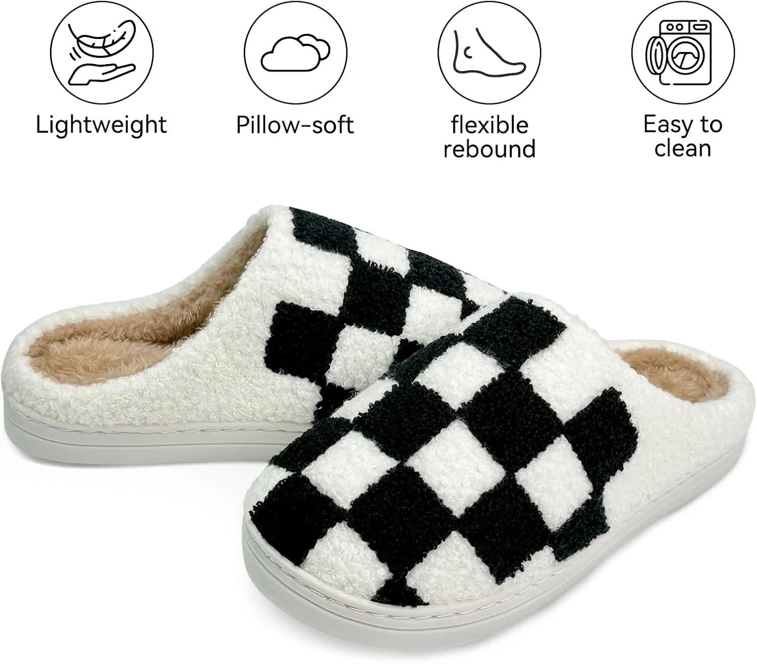 Women's Checkered Memory Foam Slippers - Soft Fuzzy Indoor & Outdoor Cute Casual Slippers