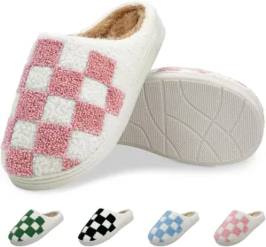 Women's Checkered Memory Foam Slippers - Soft Fuzzy Indoor & Outdoor Cute Casual Slippers