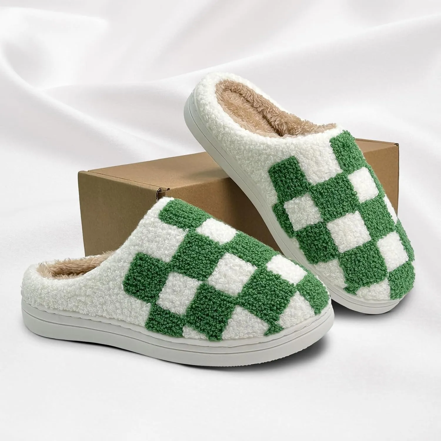 Women's Checkered Memory Foam Slippers - Soft Fuzzy Indoor & Outdoor Cute Casual Slippers