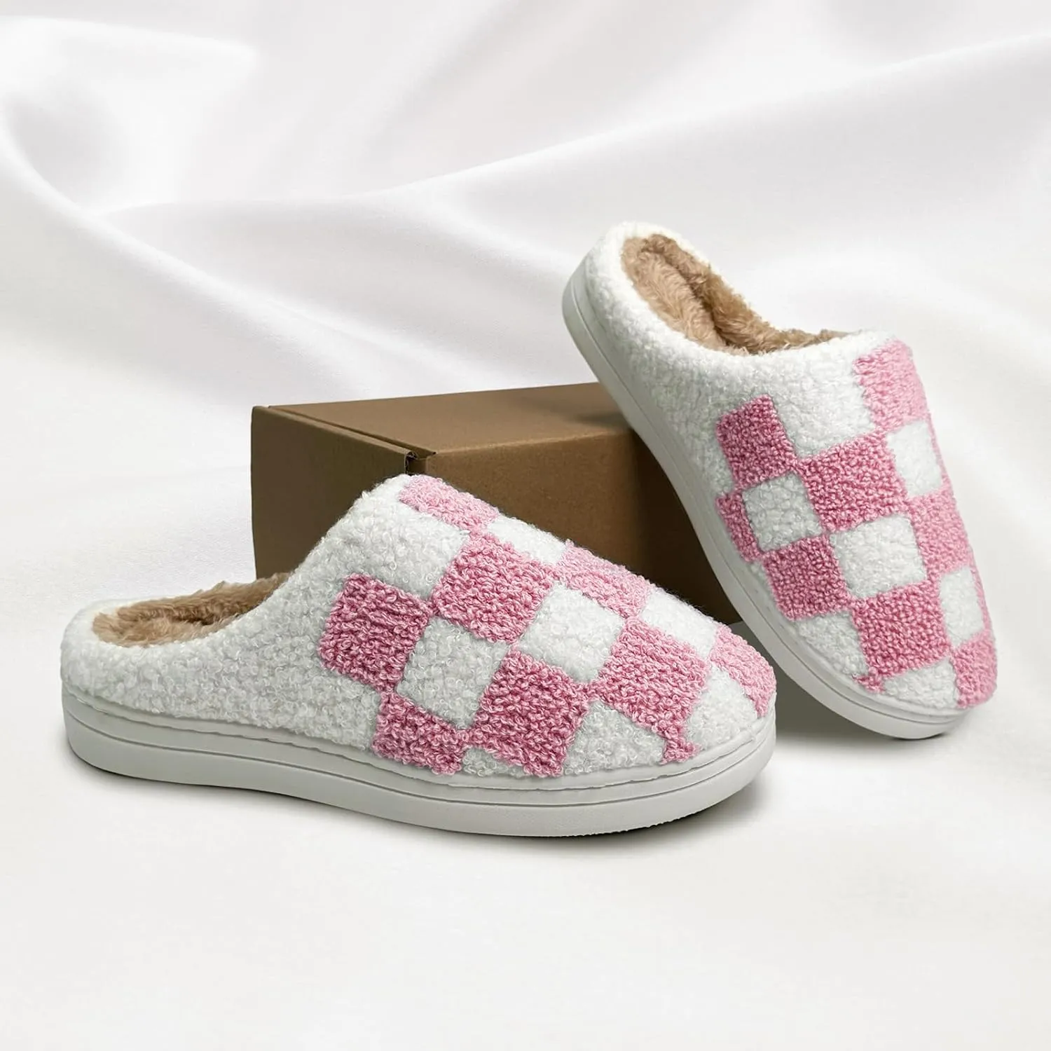 Women's Checkered Memory Foam Slippers - Soft Fuzzy Indoor & Outdoor Cute Casual Slippers